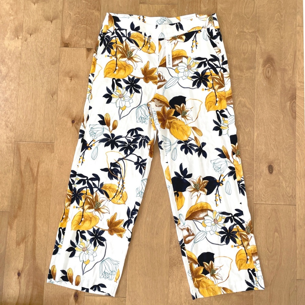 Chico's Tropic Garden Floral Stretch Linen Wide Leg Pull On Pants Size 3R 16R - Picture 9 of 16